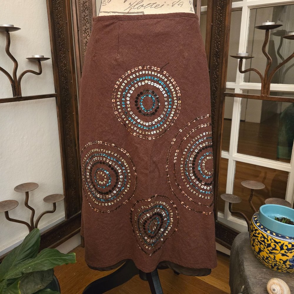 Vintage Edward Sequined Boho A-Line Midi Skirt, Sz 8